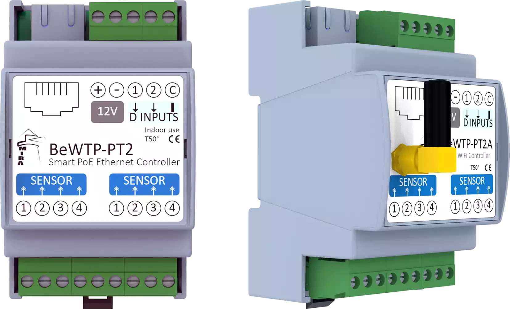 MIRA - Ethernet WiFi I/O Module BeWTP-PT2 w Modbus TCP MQTT Protocols, RJ45